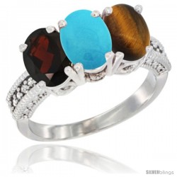 10K White Gold Natural Garnet, Turquoise & Tiger Eye Ring 3-Stone Oval 7x5 mm Diamond Accent