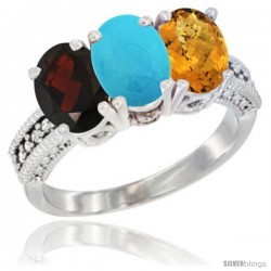 10K White Gold Natural Garnet, Turquoise & Whisky Quartz Ring 3-Stone Oval 7x5 mm Diamond Accent