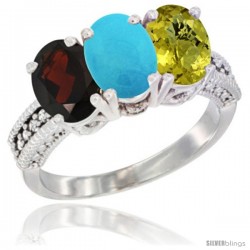 10K White Gold Natural Garnet, Turquoise & Lemon Quartz Ring 3-Stone Oval 7x5 mm Diamond Accent