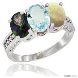 14K White Gold Natural Mystic Topaz, Aquamarine & Opal Ring 3-Stone 7x5 mm Oval Diamond Accent