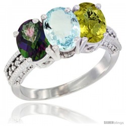 14K White Gold Natural Mystic Topaz, Aquamarine & Lemon Quartz Ring 3-Stone 7x5 mm Oval Diamond Accent