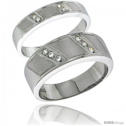 Sterling Silver Cubic Zirconia 2-Piece Wedding Ring Set for Him 8mm 5/16 in wide & Her 4mm 5/32 in wide