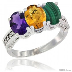 14K White Gold Natural Amethyst, Whisky Quartz & Malachite Ring 3-Stone 7x5 mm Oval Diamond Accent