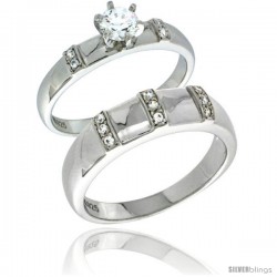 Sterling Silver Cubic Zirconia Engagement Rings Set for Him & Her Brilliant Cut Solitaire 1/4 in wide -Style Agcz624em