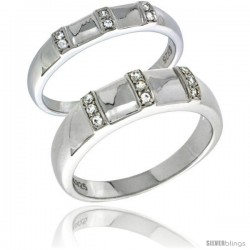 Sterling Silver Cubic Zirconia 2-Piece Wedding Ring Set for Him 6mm 1/4 in wide & Her 4mm 5/32 in wide -Style Agcz624w2