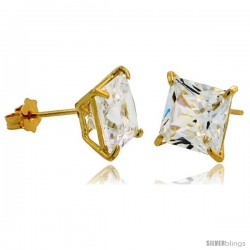 14K Gold 7 mm Square CZ Stud Earrings Basket Set 3 1/2 Carat Size