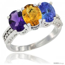 14K White Gold Natural Amethyst, Whisky Quartz & Tanzanite Ring 3-Stone 7x5 mm Oval Diamond Accent