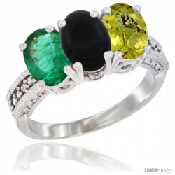 10K White Gold Natural Emerald, Black Onyx & Lemon Quartz Ring 3-Stone Oval 7x5 mm Diamond Accent