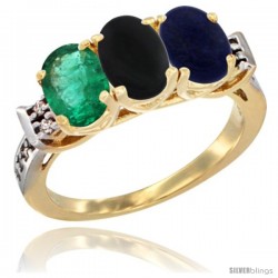 10K Yellow Gold Natural Emerald, Black Onyx & Lapis Ring 3-Stone Oval 7x5 mm Diamond Accent