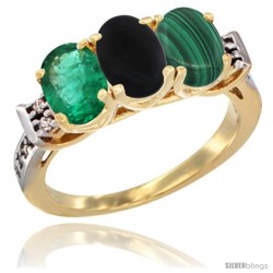 10K Yellow Gold Natural Emerald, Black Onyx & Malachite Ring 3-Stone Oval 7x5 mm Diamond Accent