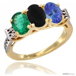 10K Yellow Gold Natural Emerald, Black Onyx & Tanzanite Ring 3-Stone Oval 7x5 mm Diamond Accent