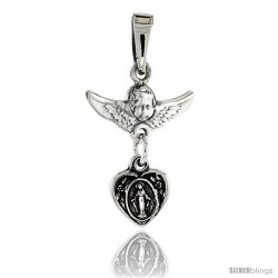 Sterling Silver Cherub Angel & Blessed Mother Pendant, 3/4 in tall