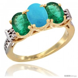 10K Yellow Gold Natural Turquoise & Emerald Sides Ring 3-Stone Oval 7x5 mm Diamond Accent