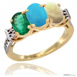 10K Yellow Gold Natural Emerald, Turquoise & Opal Ring 3-Stone Oval 7x5 mm Diamond Accent