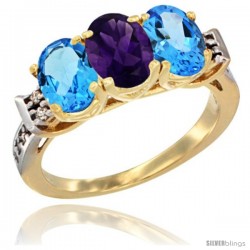 10K Yellow Gold Natural Amethyst & Swiss Blue Topaz Sides Ring 3-Stone Oval 7x5 mm Diamond Accent