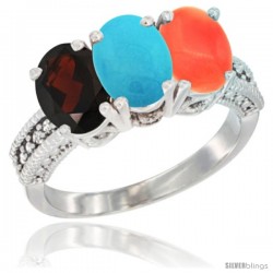 10K White Gold Natural Garnet, Turquoise & Coral Ring 3-Stone Oval 7x5 mm Diamond Accent