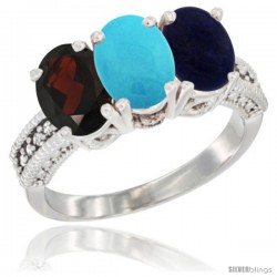 10K White Gold Natural Garnet, Turquoise & Lapis Ring 3-Stone Oval 7x5 mm Diamond Accent