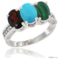 10K White Gold Natural Garnet, Turquoise & Malachite Ring 3-Stone Oval 7x5 mm Diamond Accent