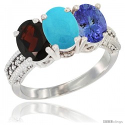 10K White Gold Natural Garnet, Turquoise & Tanzanite Ring 3-Stone Oval 7x5 mm Diamond Accent