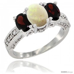 10K White Gold Ladies Oval Natural Opal 3-Stone Ring with Garnet Sides Diamond Accent