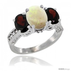 10K White Gold Ladies Natural Opal Oval 3 Stone Ring with Garnet Sides Diamond Accent