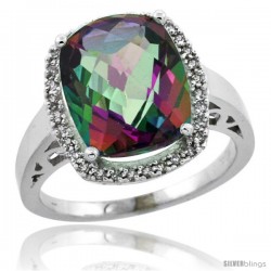 14k White Gold Diamond Mystic Topaz Ring 5.17 ct Checkerboard Cut Cushion 12x10 mm, 1/2 in wide