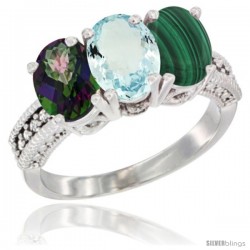 14K White Gold Natural Mystic Topaz, Aquamarine & Malachite Ring 3-Stone 7x5 mm Oval Diamond Accent