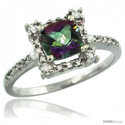 14k White Gold Diamond Halo Mystic Topaz Ring 1.2 ct Checkerboard Cut Cushion 6 mm, 11/32 in wide