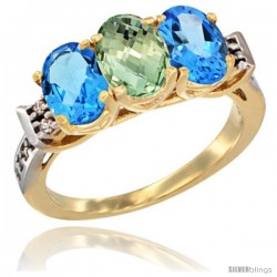 10K Yellow Gold Natural Green Amethyst & Swiss Blue Topaz Sides Ring 3-Stone Oval 7x5 mm Diamond Accent