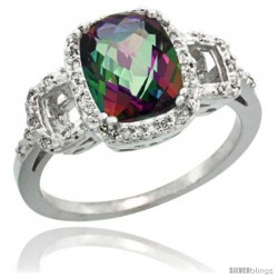 14k White Gold Diamond Mystic Topaz Ring 2 ct Checkerboard Cut Cushion Shape 9x7 mm, 1/2 in wide