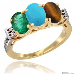 10K Yellow Gold Natural Emerald, Turquoise & Tiger Eye Ring 3-Stone Oval 7x5 mm Diamond Accent