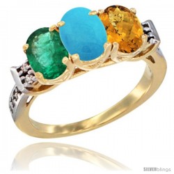 10K Yellow Gold Natural Emerald, Turquoise & Whisky Quartz Ring 3-Stone Oval 7x5 mm Diamond Accent