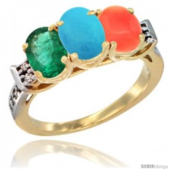 10K Yellow Gold Natural Emerald, Turquoise & Coral Ring 3-Stone Oval 7x5 mm Diamond Accent