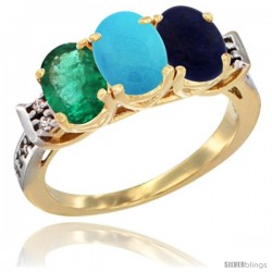 10K Yellow Gold Natural Emerald, Turquoise & Lapis Ring 3-Stone Oval 7x5 mm Diamond Accent