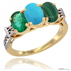 10K Yellow Gold Natural Emerald, Turquoise & Malachite Ring 3-Stone Oval 7x5 mm Diamond Accent