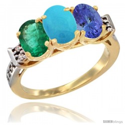 10K Yellow Gold Natural Emerald, Turquoise & Tanzanite Ring 3-Stone Oval 7x5 mm Diamond Accent