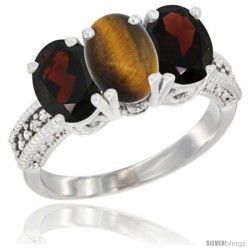 10K White Gold Natural Tiger Eye & Garnet Sides Ring 3-Stone Oval 7x5 mm Diamond Accent