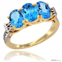 10K Yellow Gold Natural Swiss Blue Topaz Ring 3-Stone Oval 7x5 mm Diamond Accent