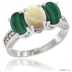 14K White Gold Natural Opal Ring with Malachite 3-Stone 7x5 mm Oval Diamond Accent