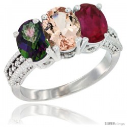 14K White Gold Natural Mystic Topaz, Morganite & Ruby Ring 3-Stone 7x5 mm Oval Diamond Accent