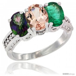 14K White Gold Natural Mystic Topaz, Morganite & Emerald Ring 3-Stone 7x5 mm Oval Diamond Accent