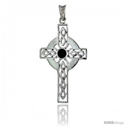 Sterling Silver Celtic Cross w/ Jet Stone Pendant, 1 3/4 in