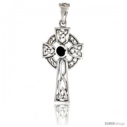 Sterling Silver Celtic Cross w/ Jet Stone Pendant, 1 1/2 in