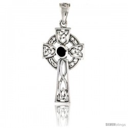 Sterling Silver Celtic Cross w/ Jet Stone Pendant, 1 1/2 in