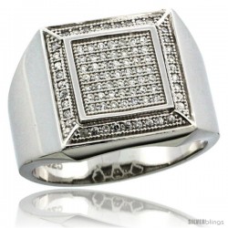 Sterling Silver Men's Large Square Ring 85 Micro Pave CZ Stones, 19/32 in (15 mm) wide