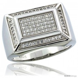 Sterling Silver Men's Rectangular Ring 81 Micro Pave CZ Stones, 1/2inch (14 mm) wide