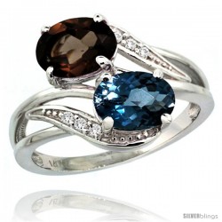 14k White Gold ( 8x6 mm ) Double Stone Engagement London Blue & Smoky Topaz Ring w/ 0.07 Carat Brilliant Cut Diamonds & 2.34