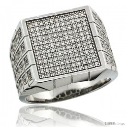 Sterling Silver Men's Large Square Ring 164 Micro Pave CZ Stones, 3/4inch (17 mm) wide