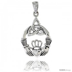 Sterling Silver Claddagh Pendant w/ Trinity Knot Pendant, 1 1/4 in