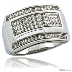 Sterling Silver Men's Large Rectangular Ring 90 Micro Pave CZ Stones, 19/32 in (15 mm) wide